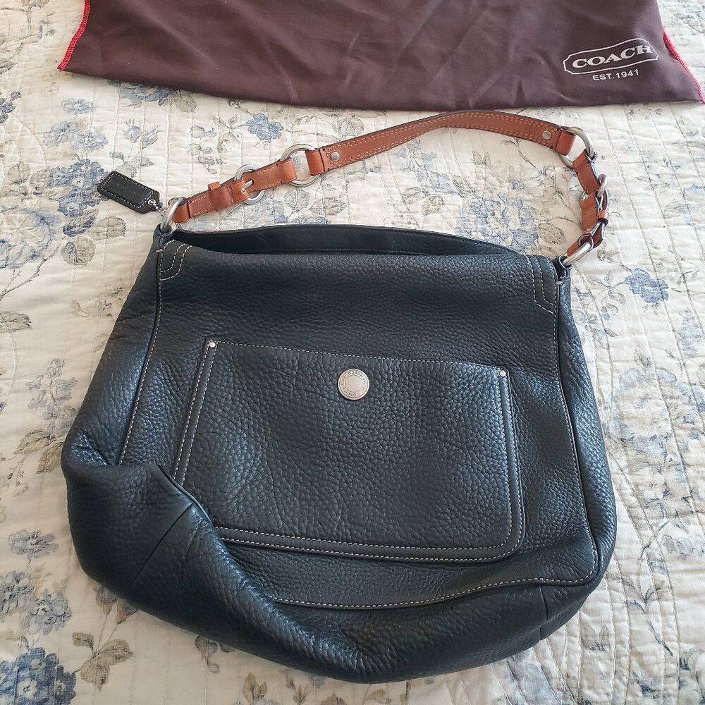 Coach Black Pebbled Leather Purse with Adjustable Brown Leather Strap